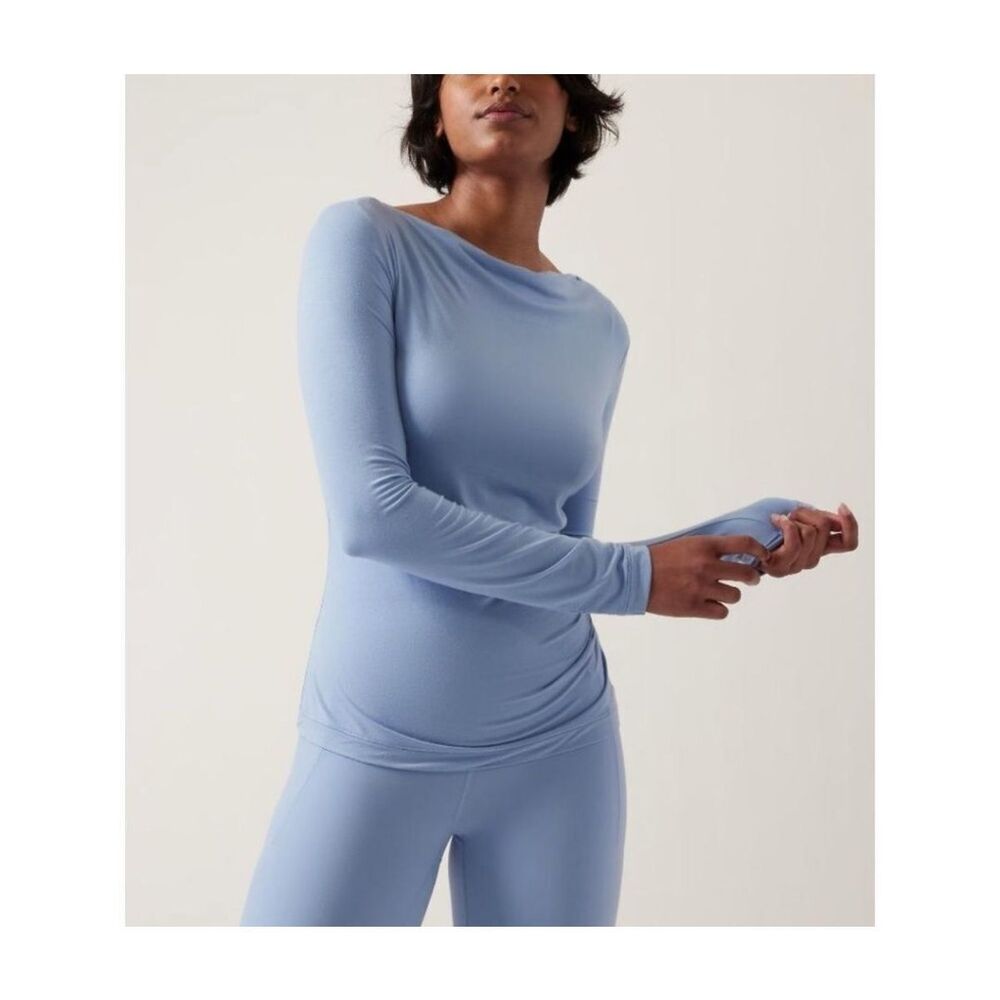 Athleta Weekender Ruched Boat Neck Tencel Long Sleeve Top Blue Small NEW